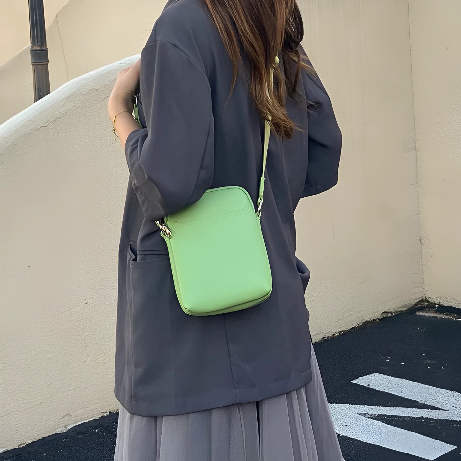 Solid colour PU mobile phone crossbody bag shown in beige, black, green, and khaki.