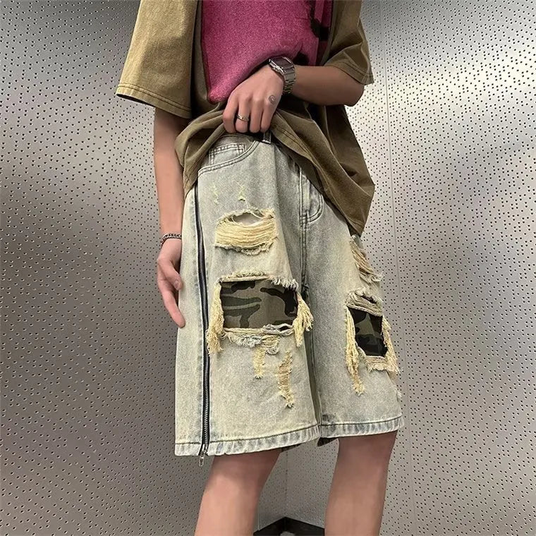 Men's yellow mud camouflage ripped denim shorts with a straight-leg Korean style fit