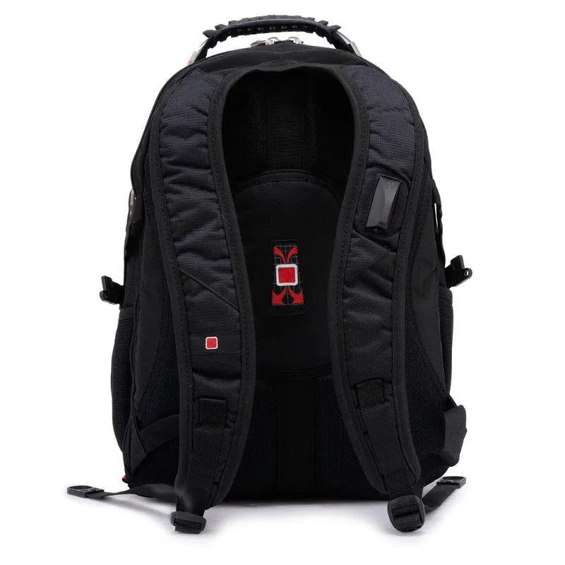 Black business computer backpack showing three compartments and side mesh pockets