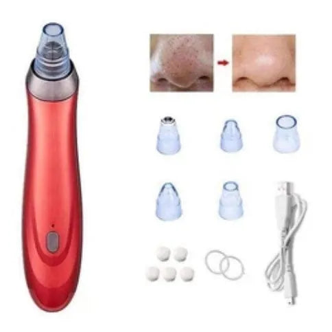 Black, gold, red, or white electric blackhead remover device with nozzle attachments on a white background.