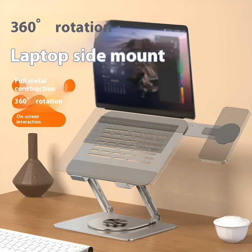 Silver carbon steel laptop stand with side-mounted magnetic phone holder rotated at 45-degree angle