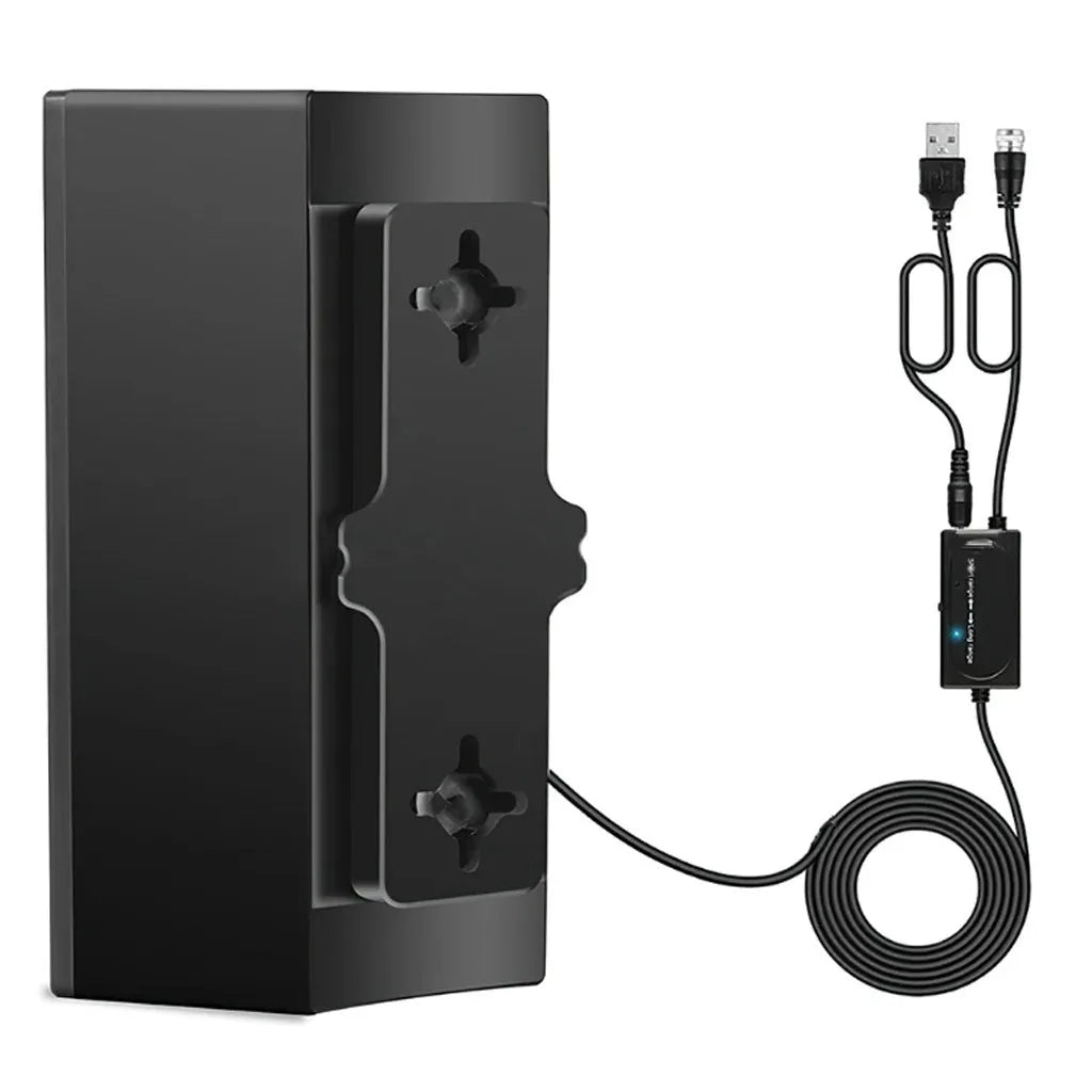 Black plastic digital television antenna with coaxial connection and mounting accessories