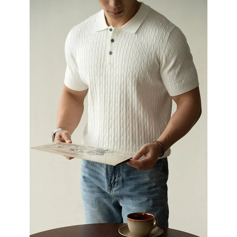 Men's short sleeve business commute top in khaki colour with four-fabric blend construction