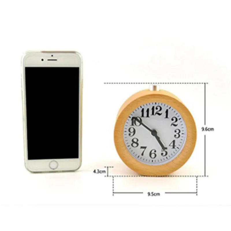 Solid beech wood silent alarm clock with a 9.5cm diameter, showing a PVC dial and wooden case.