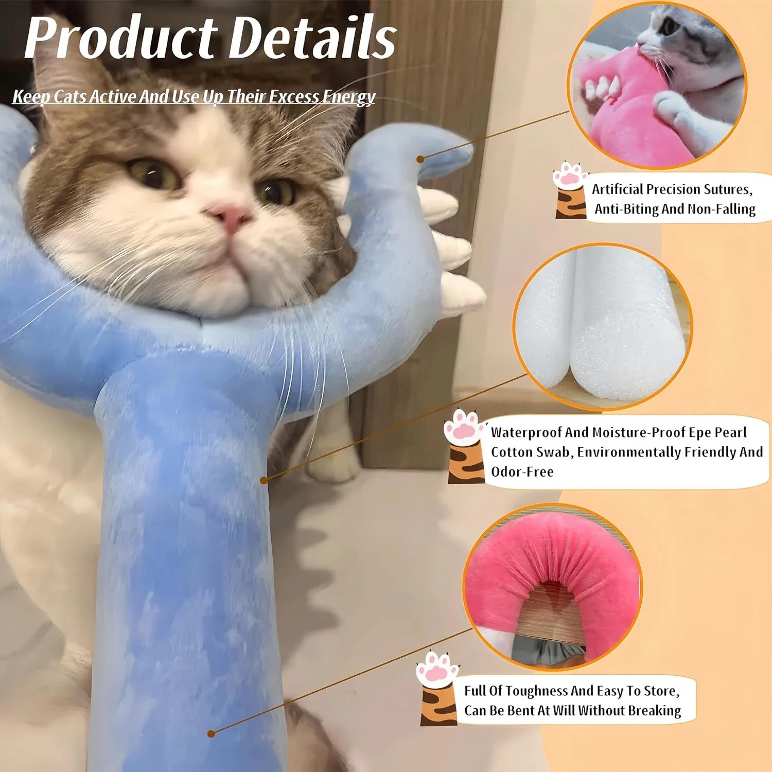 Blue plush cat wand toy with foam-filled head on a 70cm long stick for interactive pet play.