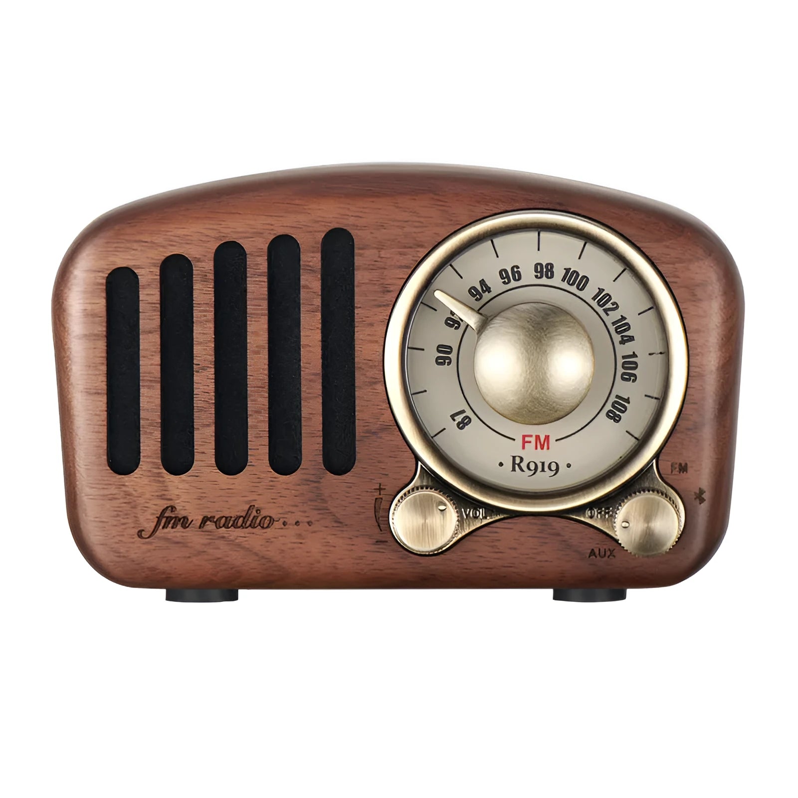 Retro wooden wireless mini speaker in cherry wood or walnut finish with compact dimensions