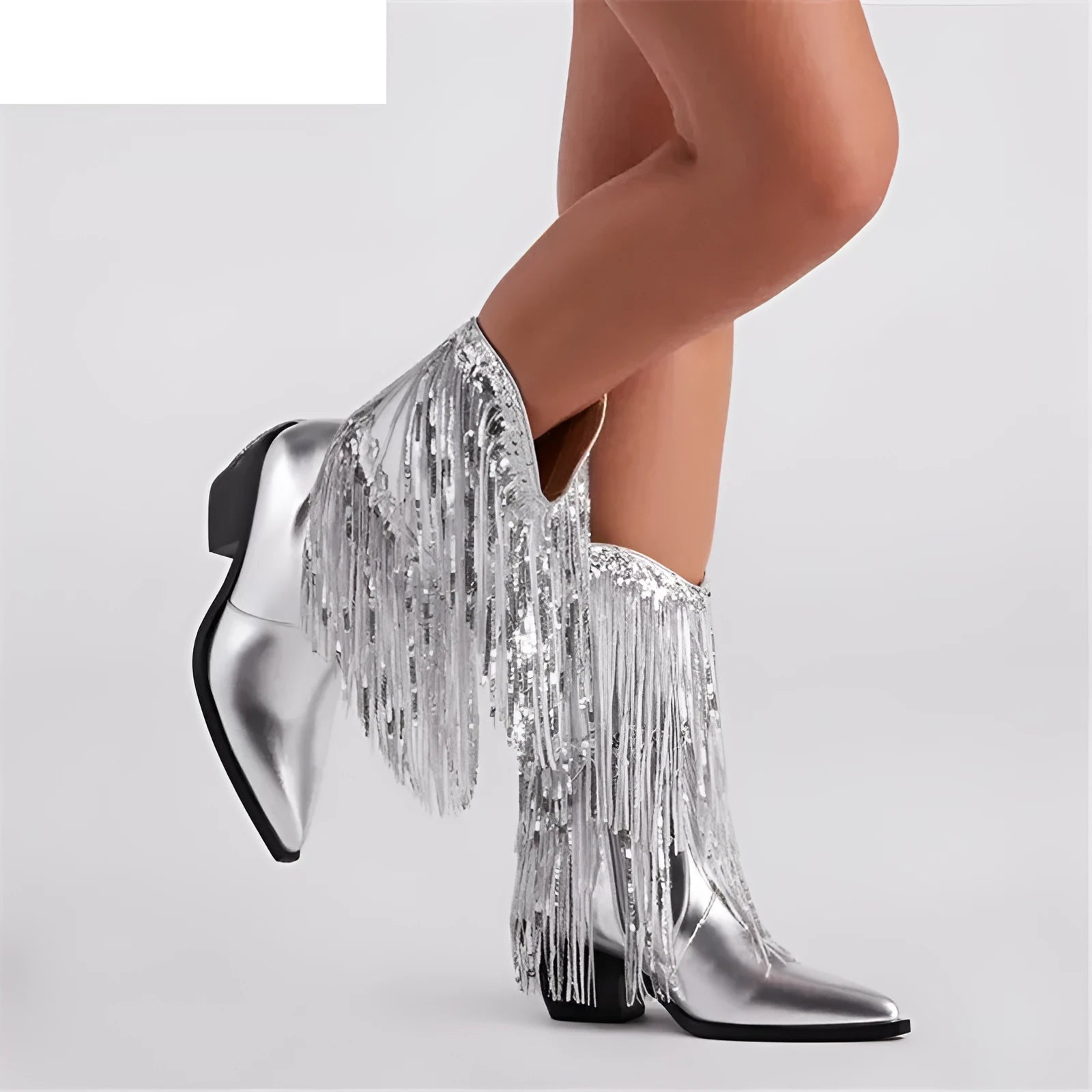 Women's black chunky heel tassel boots with a high stiletto heel and pointed toe.