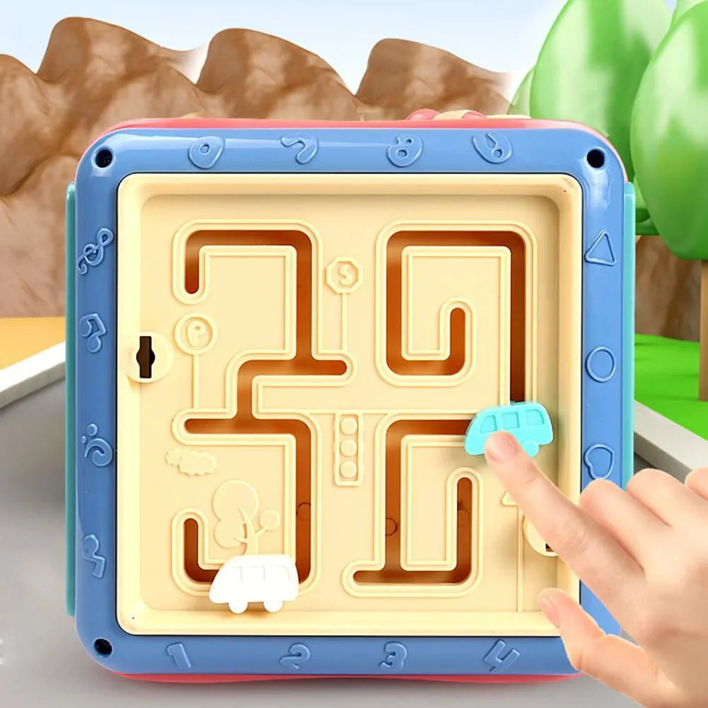 Baby hexahedron educational toy with six activity sides including bead maze and gear games