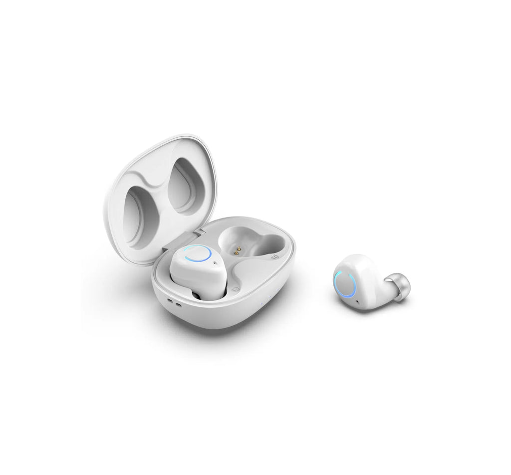 Black and white M18 true wireless in-ear Bluetooth headset with compact charging case.