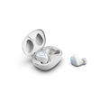 Black and white M18 true wireless in-ear Bluetooth headset with compact charging case.