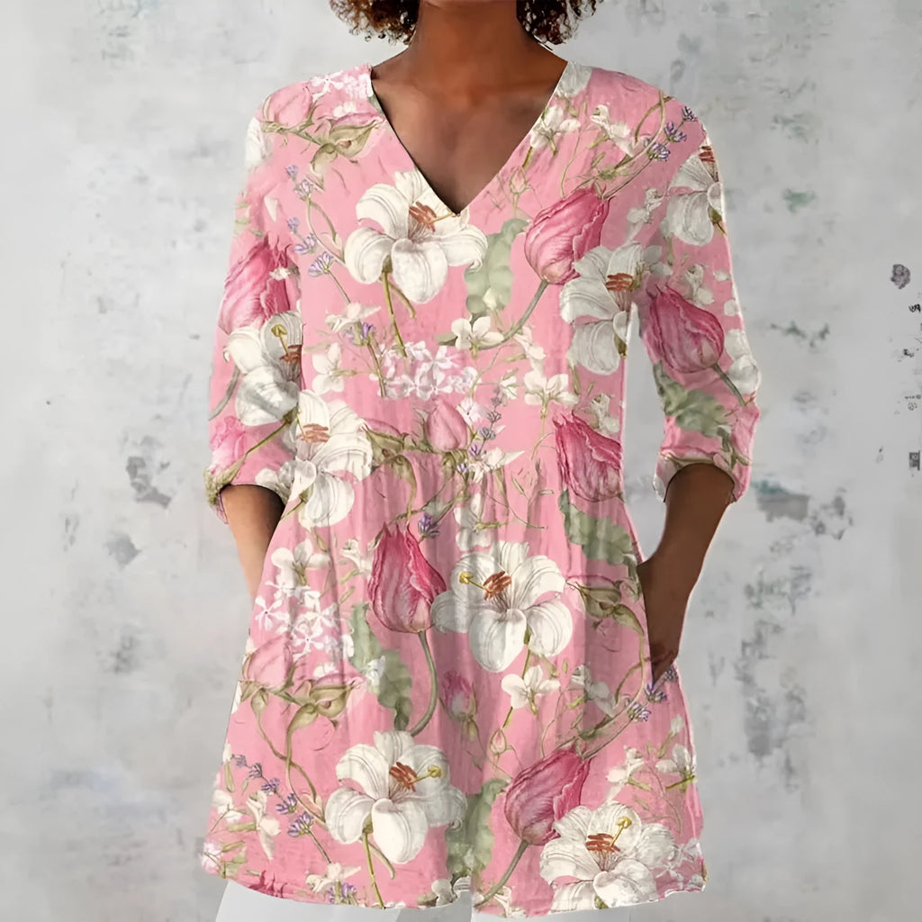 Women's retro slim fit long-sleeved top with digital print in polyester fabric available in multiple colours