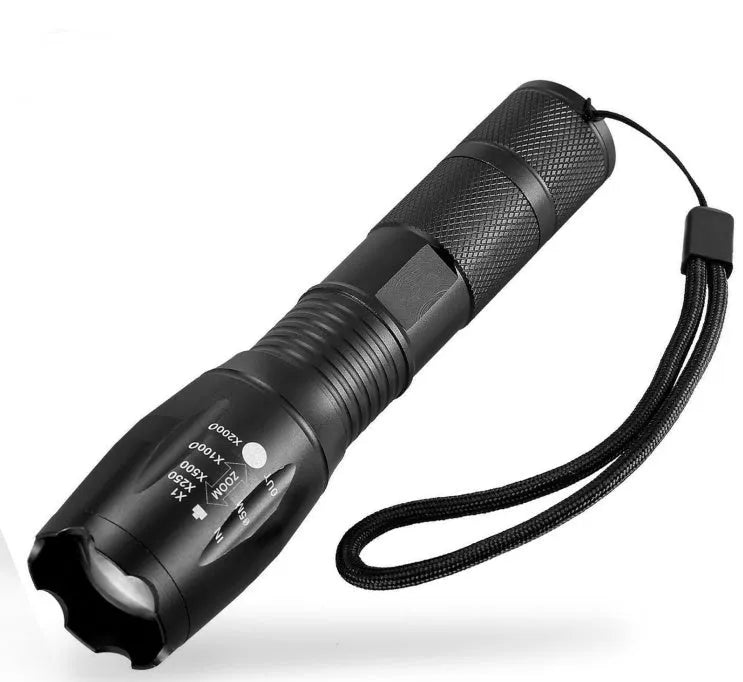Black aluminium zoomable LED flashlight showing adjustable focus head and textured anti-skid grip.