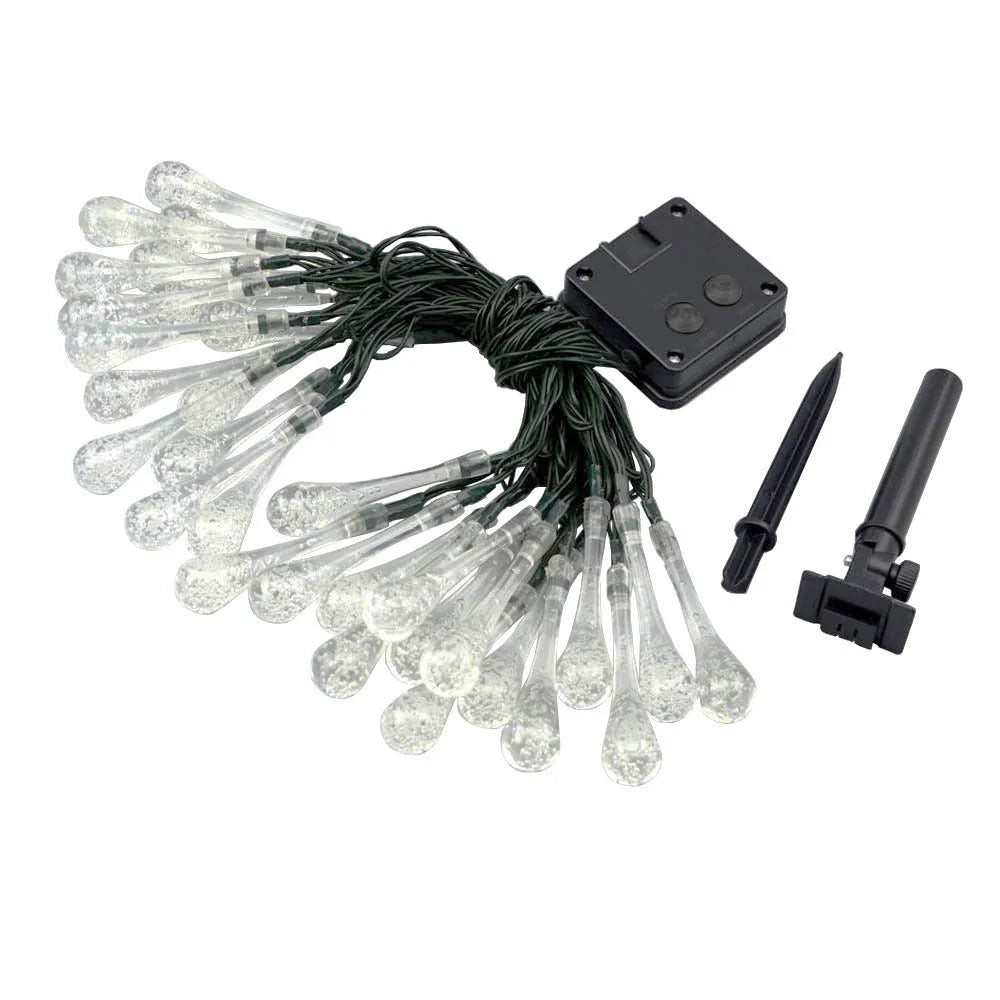 6.5 metre solar LED fairy lights with 30 warm white bulbs and bubble drop pendant design