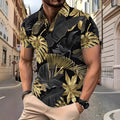 Gold men's shirt with tropical plant pattern print and short sleeves