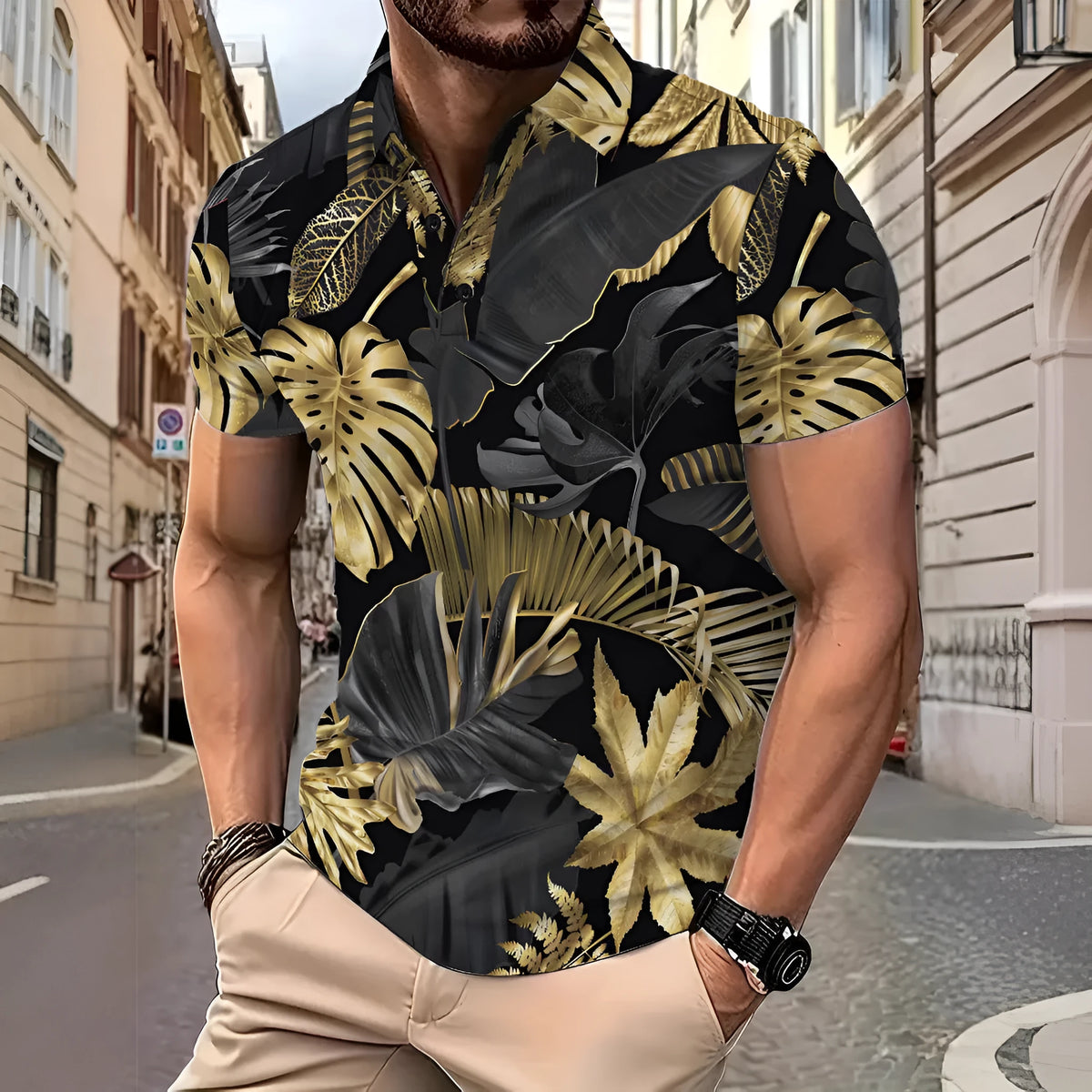 Gold men's shirt with tropical plant pattern print and short sleeves