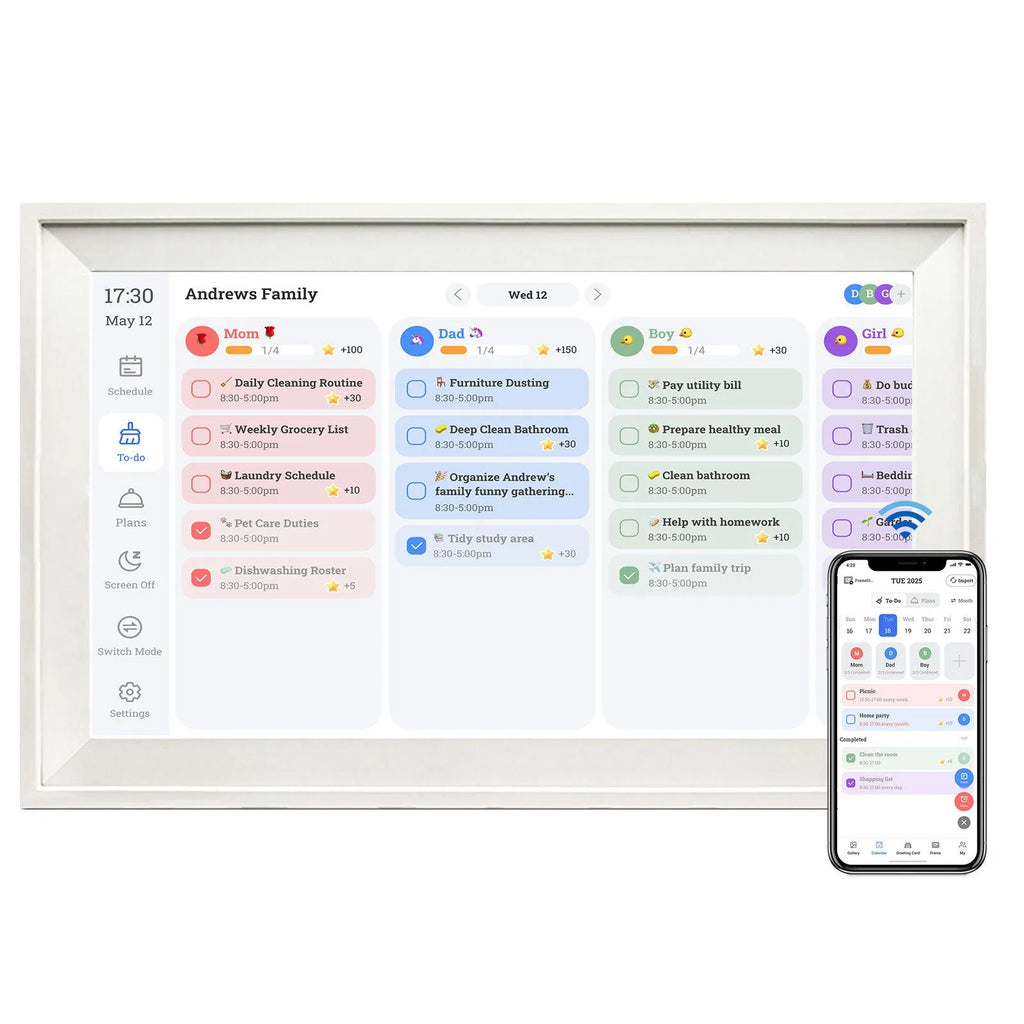 White 15.6 inch smart digital photo frame with app connectivity showing full HD display of family photos