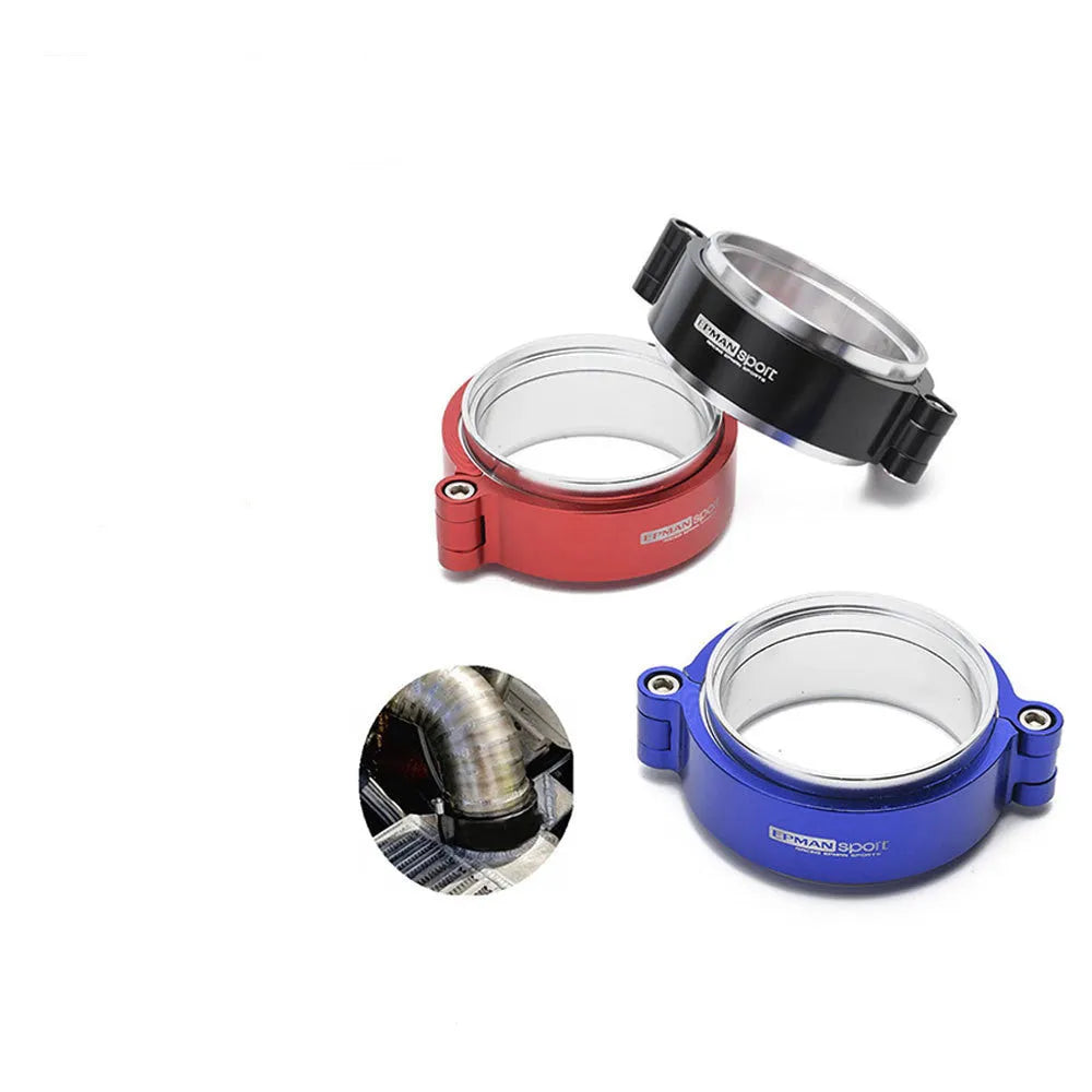 Aluminium turbo exhaust clamp in black colour showing fixed movement design for 2-4 inch exhaust pipes