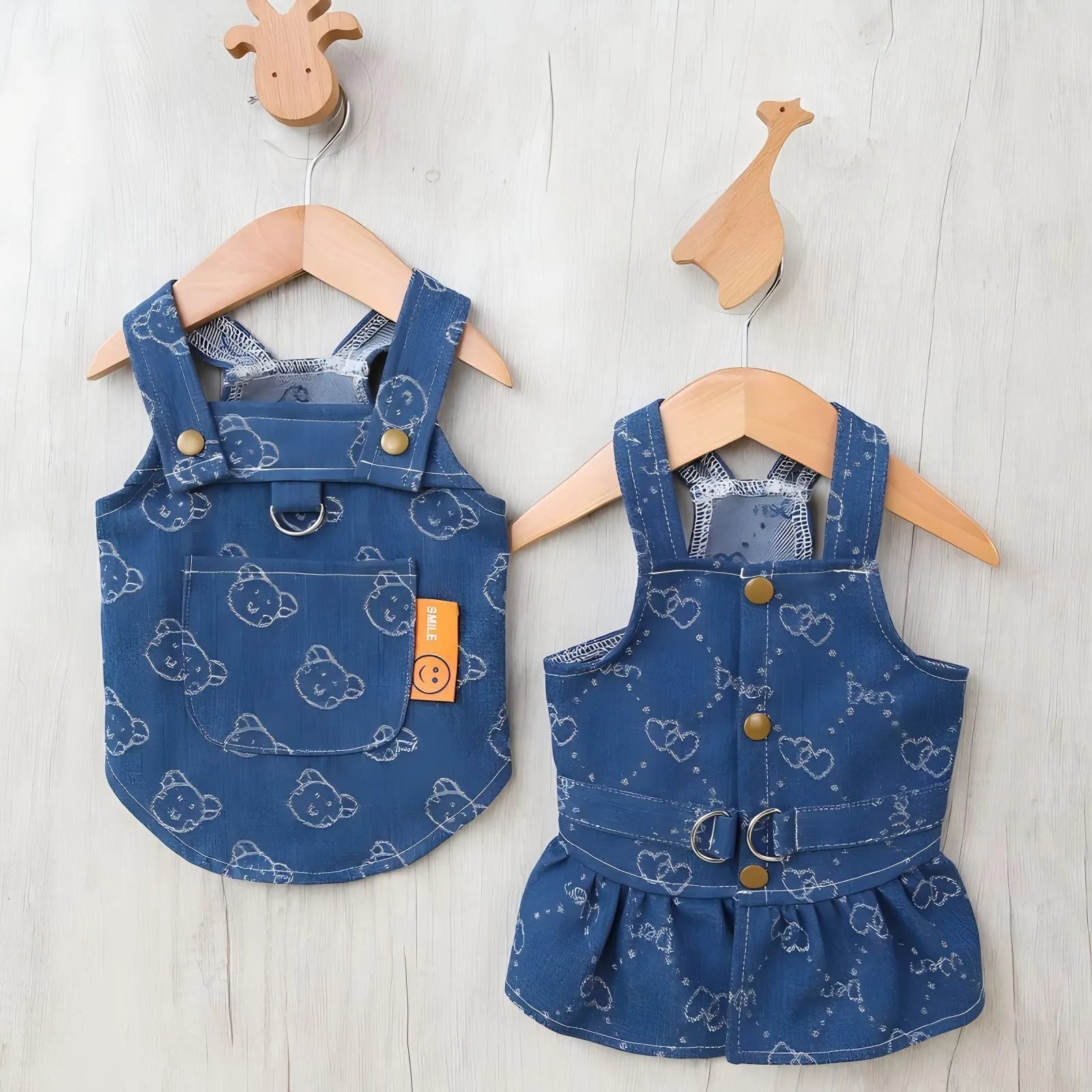Teddy Bichon dog wearing a thin HNXD denim princess dress with a bracket skirt design.
