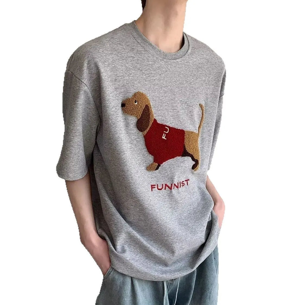 Grey men's t-shirt with an embroidered sausage dog design on the chest