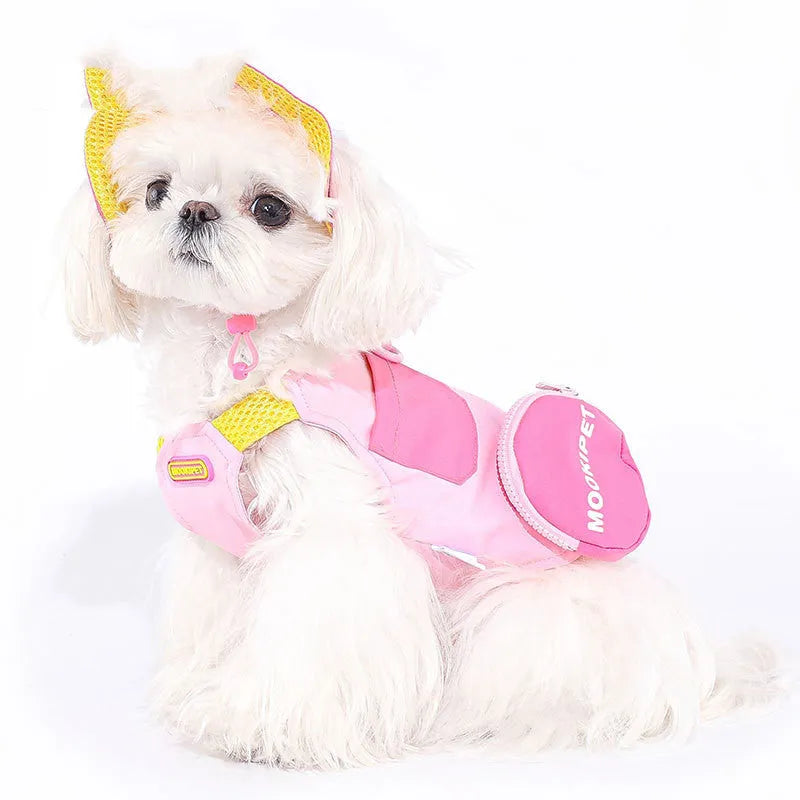 Pink lightweight polyester dog vest for small breeds on a white background