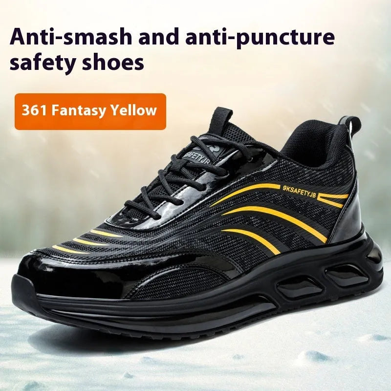 Orange leather labour protection safety shoes with a rubber anti-smashing sole on a grey background