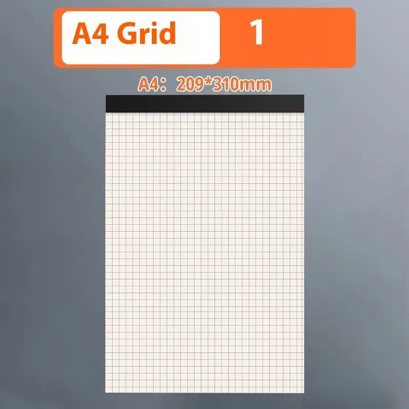 A5, B5 and A4 writing pads with blank, grid and horizontal line rulings showing tearable sheets