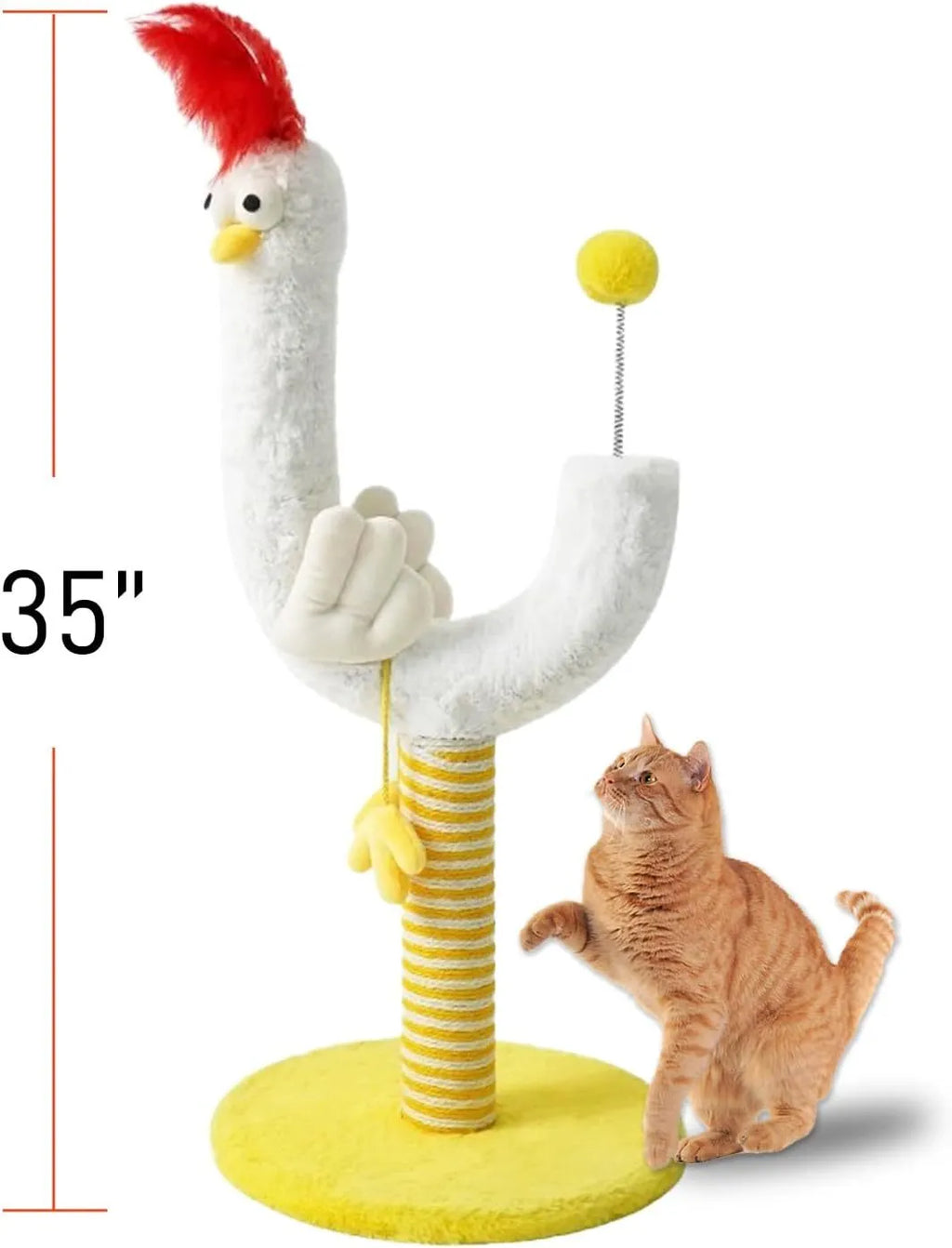 Yellow U-shaped sisal cat scratching post 35x35x88cm with spring ball toy and solid wood base for indoor cats.