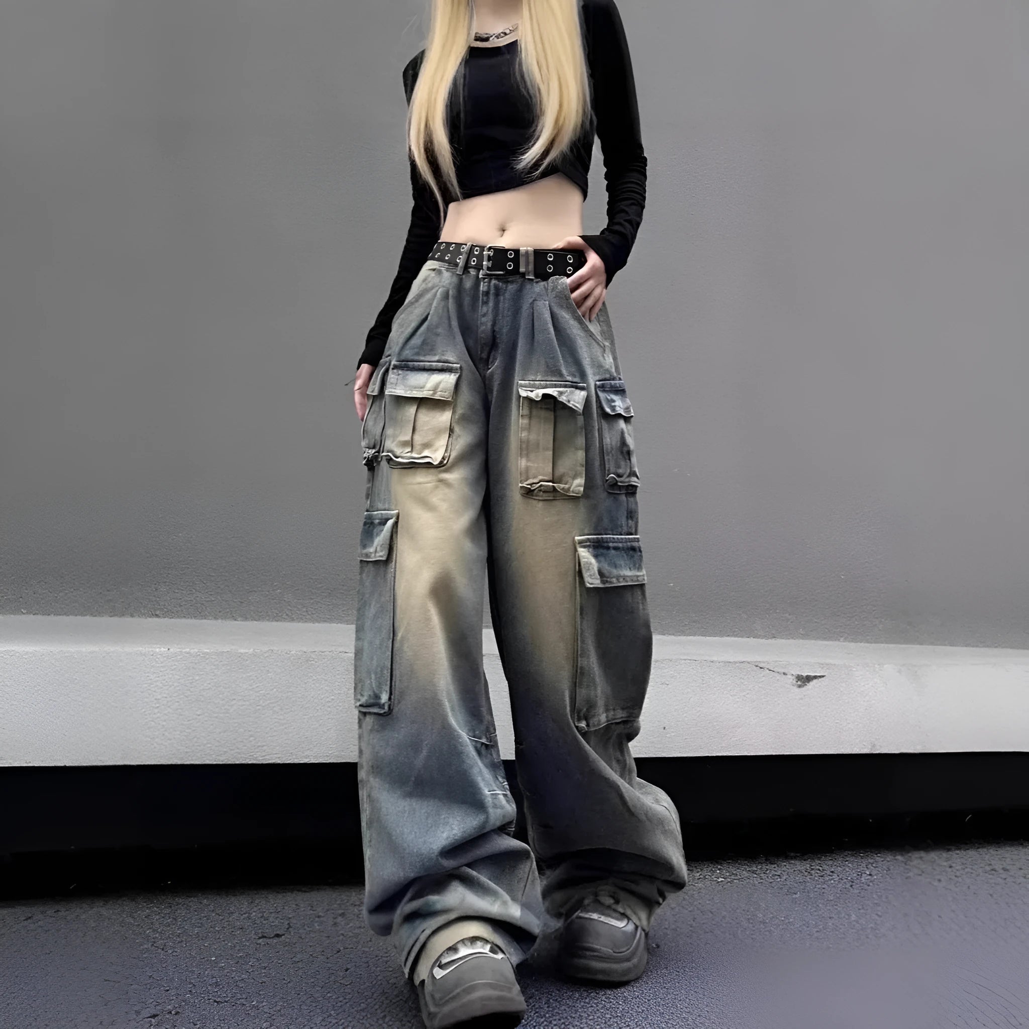 Loose distressed denim pants with multiple pockets in light blue and black colour options