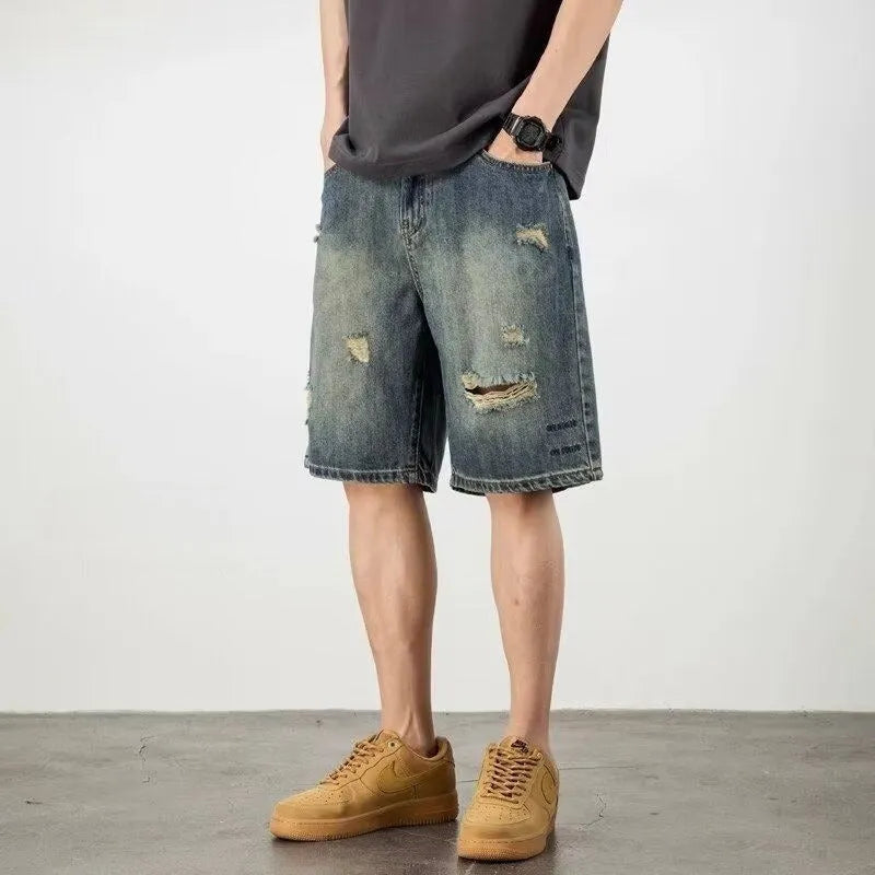 Blue retro loose hole denim shorts for men with straight cut and micro elasticity fabric