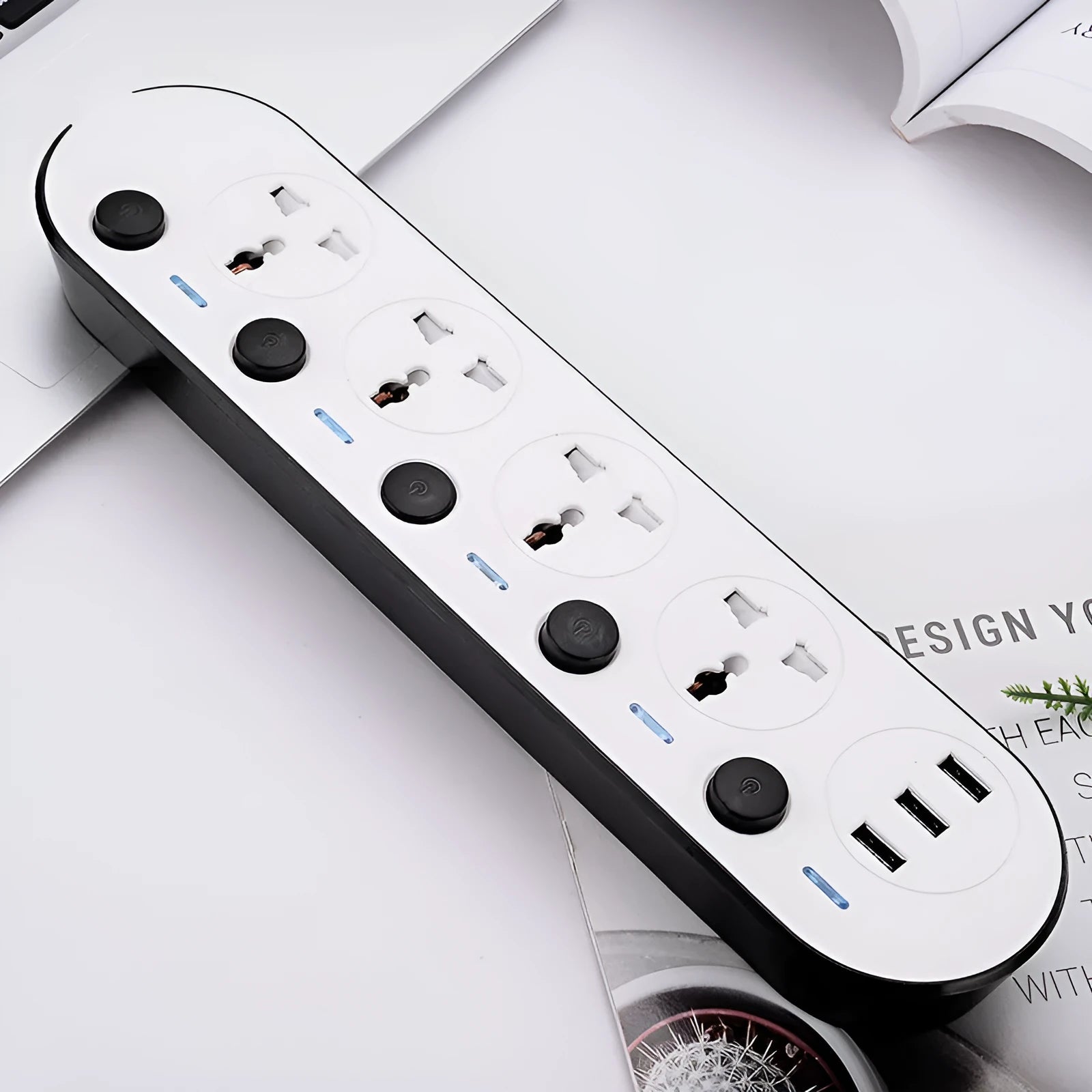 Multi-switch power strip with USB ports in international plug formats