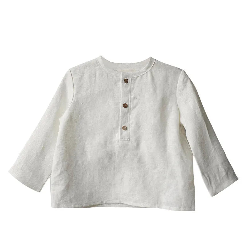 Boys Half-Open Collar Long Sleeve Cotton Linen Shirt Solid Colour European Style Spring Autumn Top 90-130cm White Green Hemp Rust Red