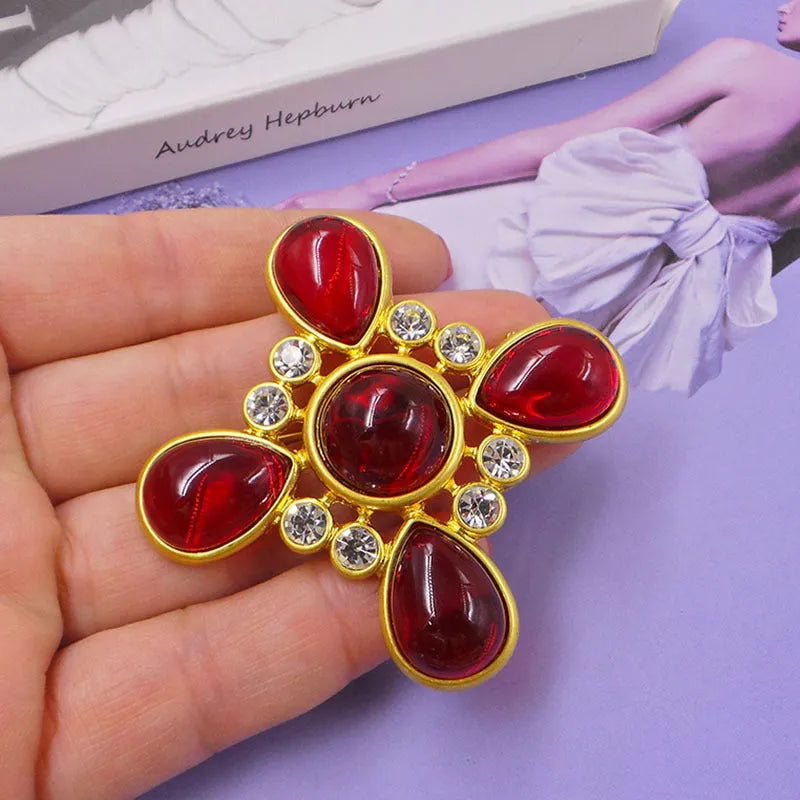 Medieval baroque crystal cross brooch in vintage style with eight colour variations