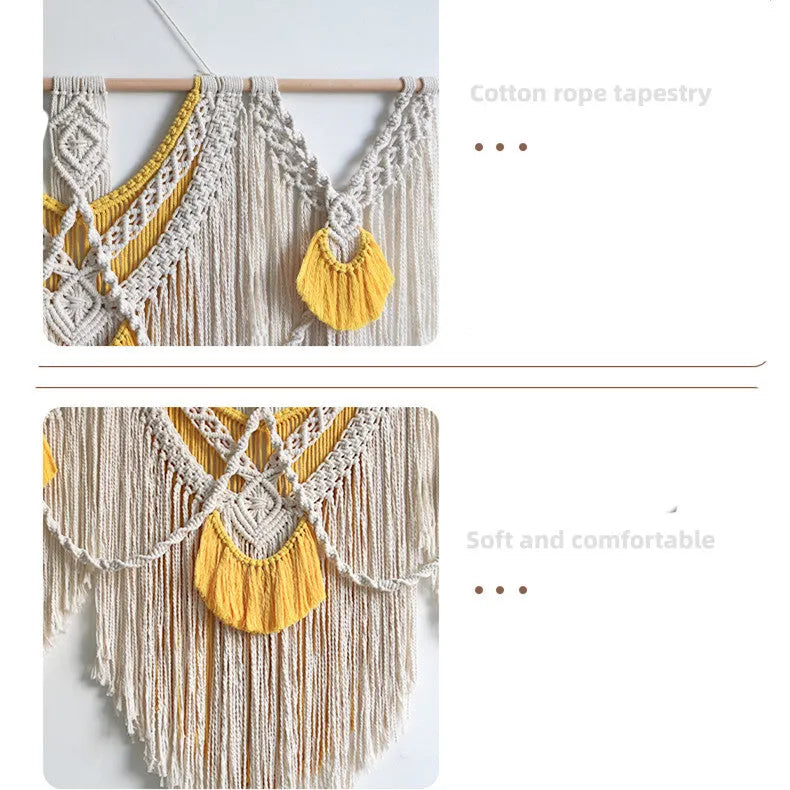 Creamy white hand-woven cotton Nordic tapestry hanging on a wall, 120cm wide by 95cm high.