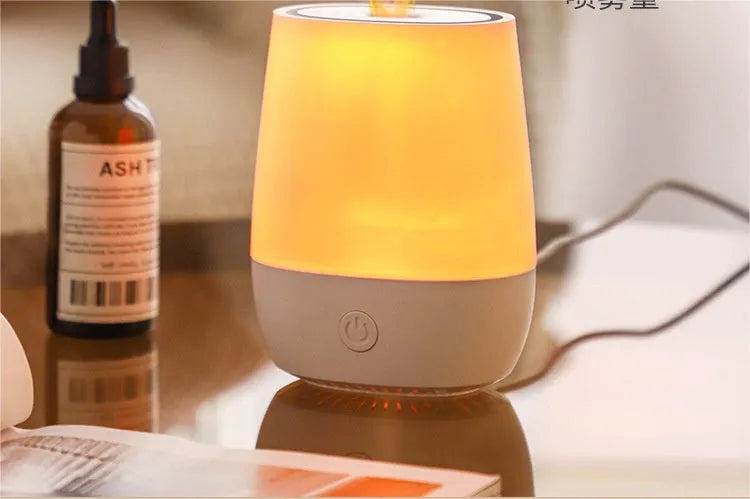 White mini USB flame humidifier aromatherapy machine with LED flame simulation effect