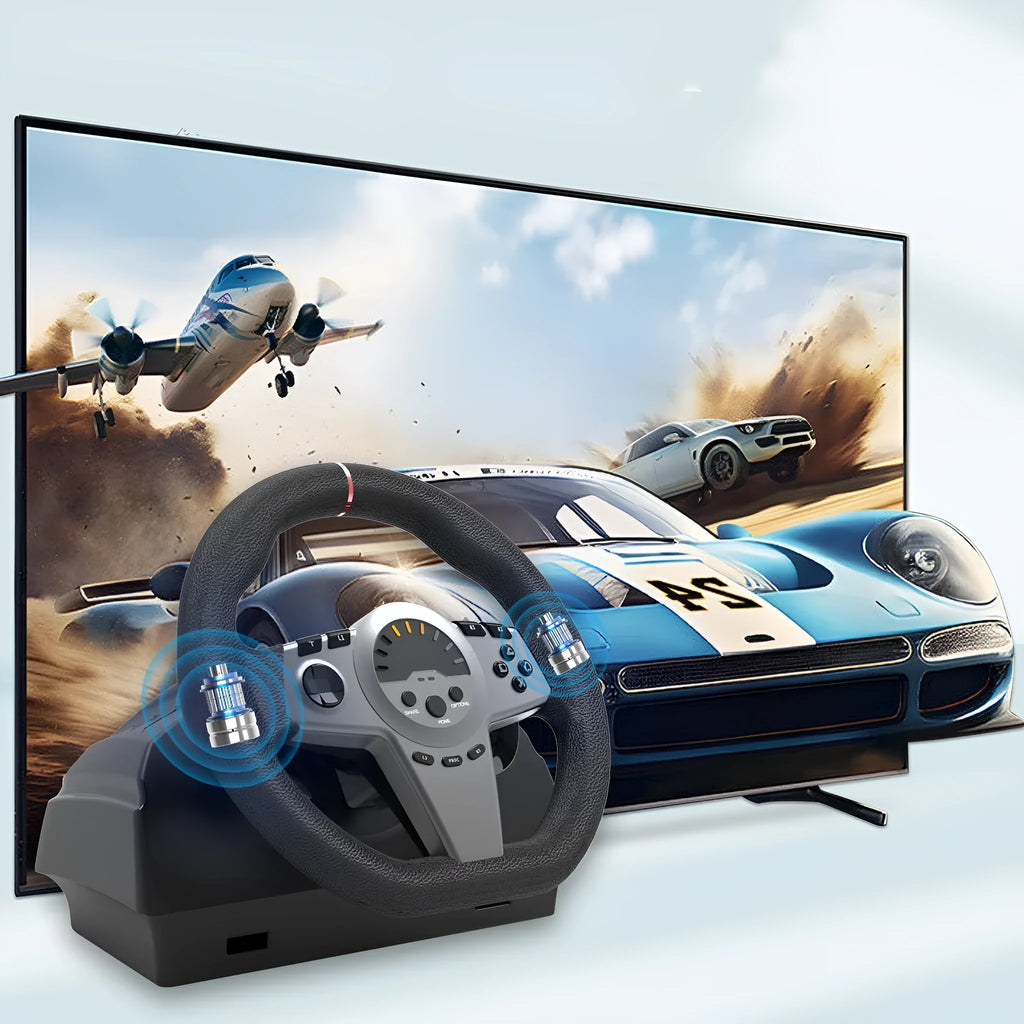 Black ABS and rubber multi-platform steering wheel and pedal set with LED display for PC and console racing games