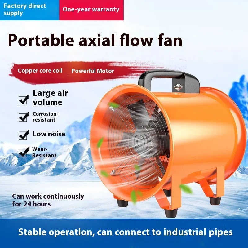 Portable industrial axial flow fan with titanium steel construction and flexible air duct