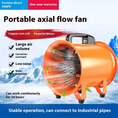 Portable industrial axial flow fan with titanium steel construction and flexible air duct