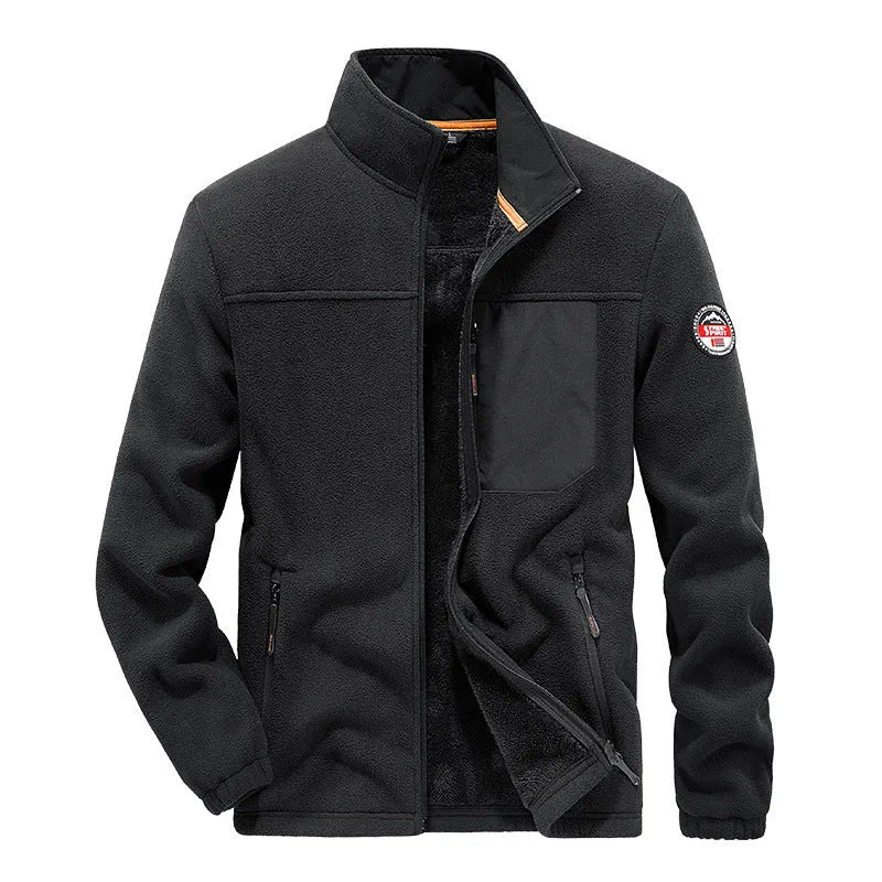 Men's solid colour fleece cardigan jacket with zipper pockets in gray, shown on a model.