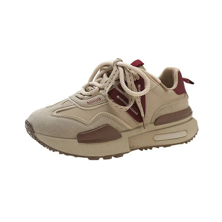 Women's black and khaki red retro platform sports shoes with round toe and front lace-up.