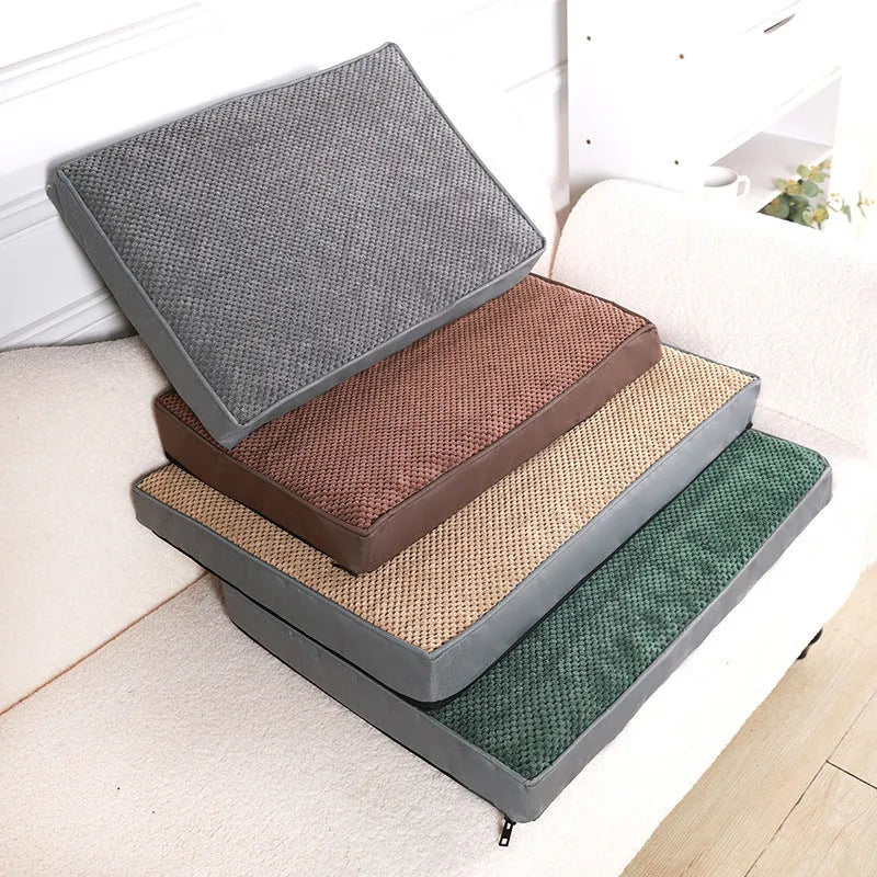 Pet memory foam mat with removable cover in Coffee, GRAY, Green, or Khaki, available in S, M, L, and XL sizes