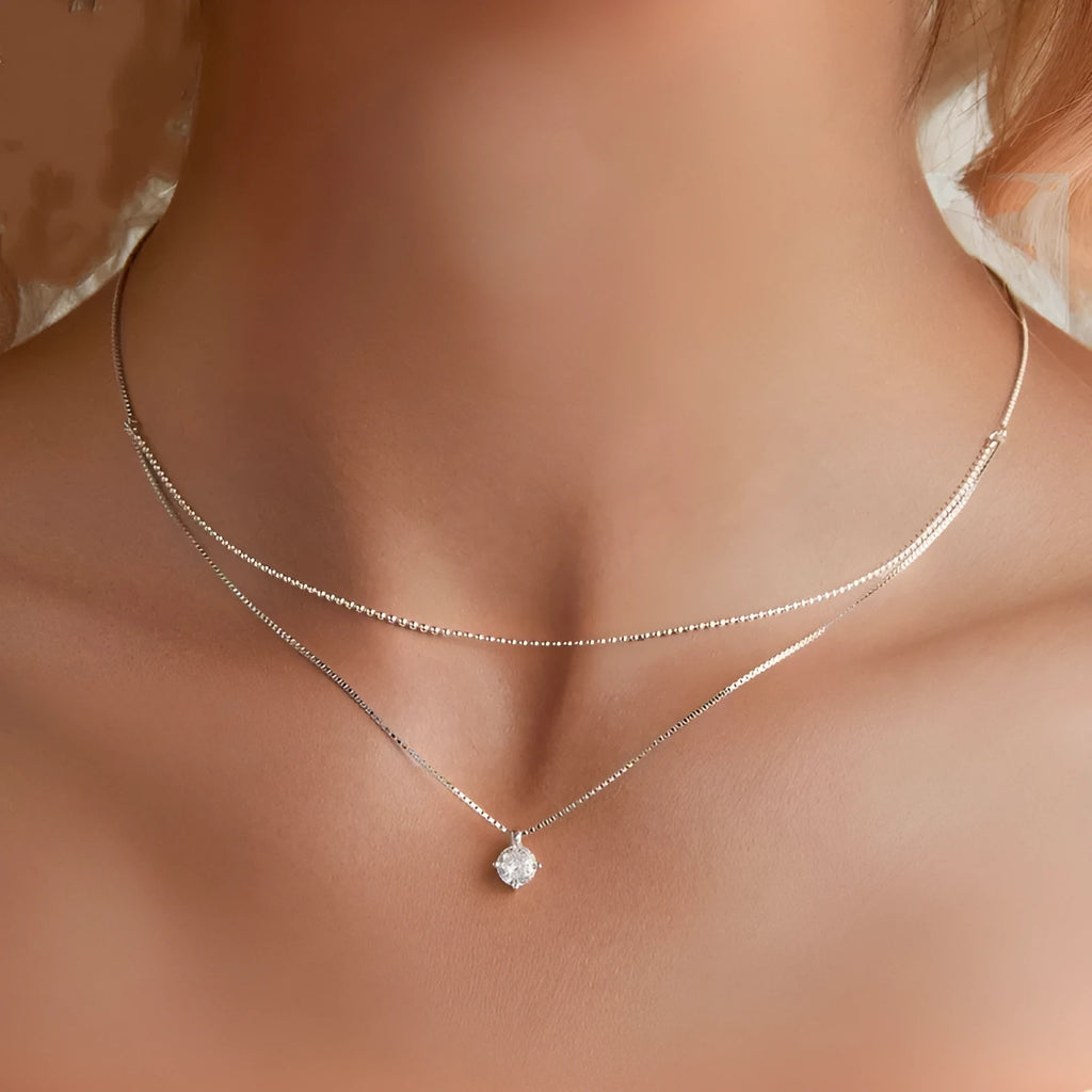Silver double-layer necklace with S925 sterling silver pendant and pearl chain design