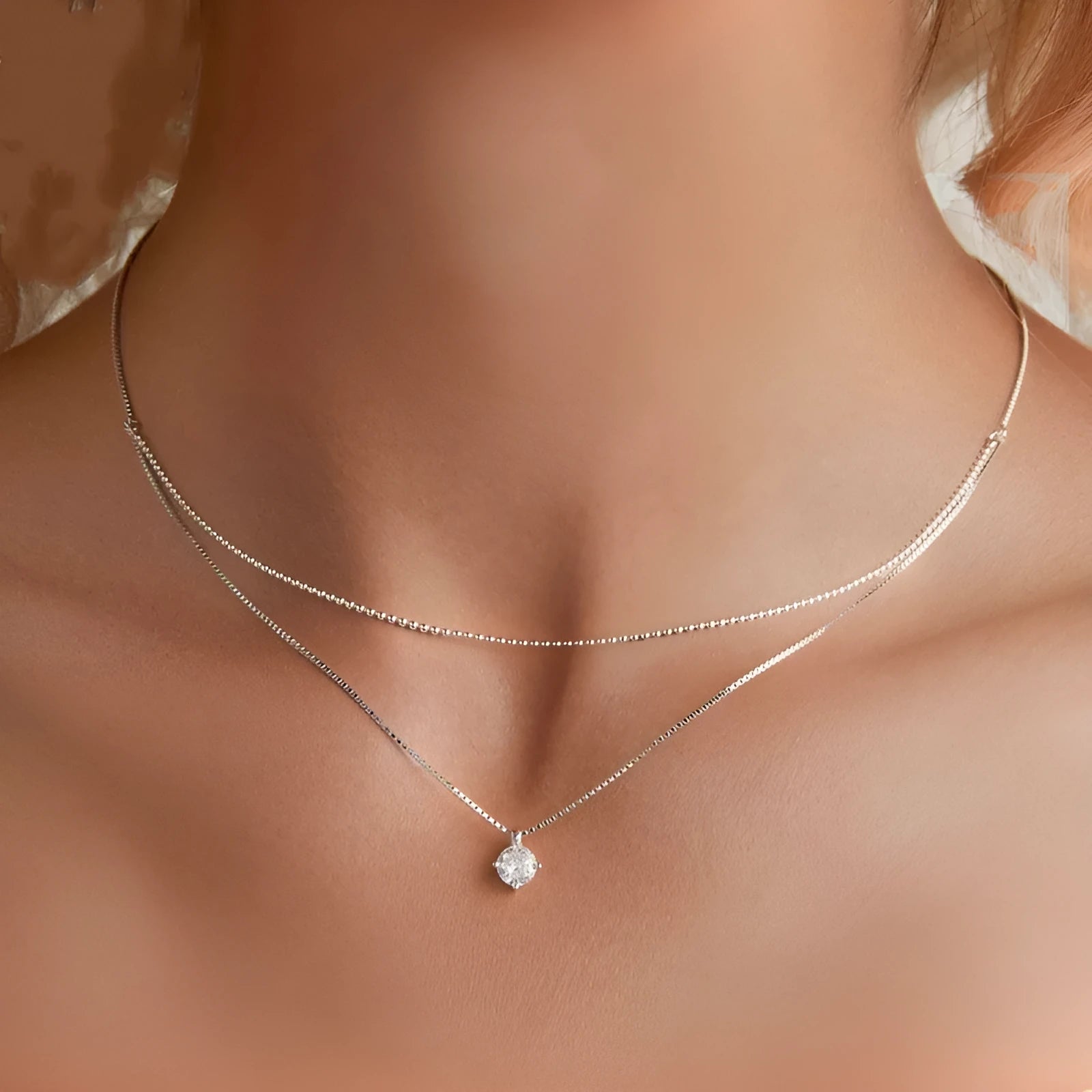Silver double-layer necklace with S925 sterling silver pendant and pearl chain design