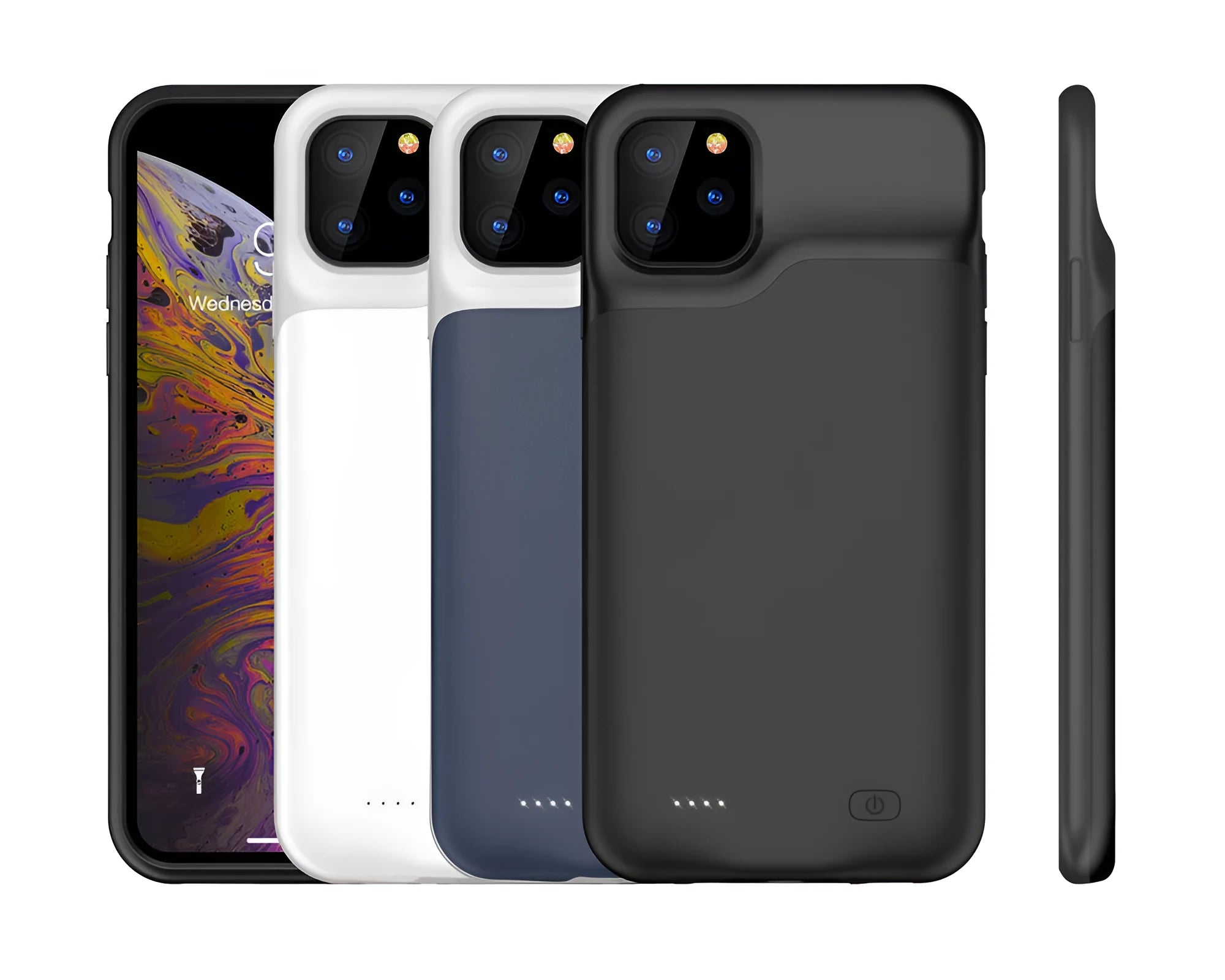 Shockproof silicone battery charging case for iPhone in black, blue, pink, or white colours.