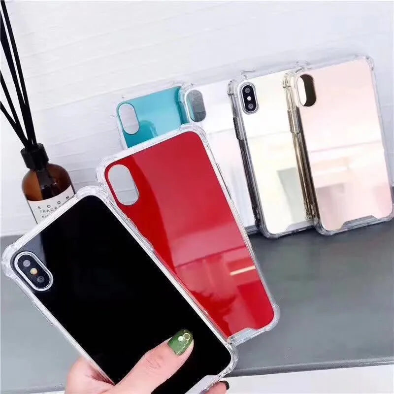 Mirror finish iPhone case in multiple colours showing reflective surface and TPU flexible material