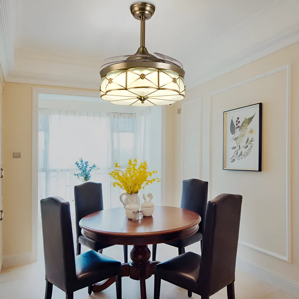 Golden 42-inch ceiling fan light with invisible blades and remote control for living room or bedroom.