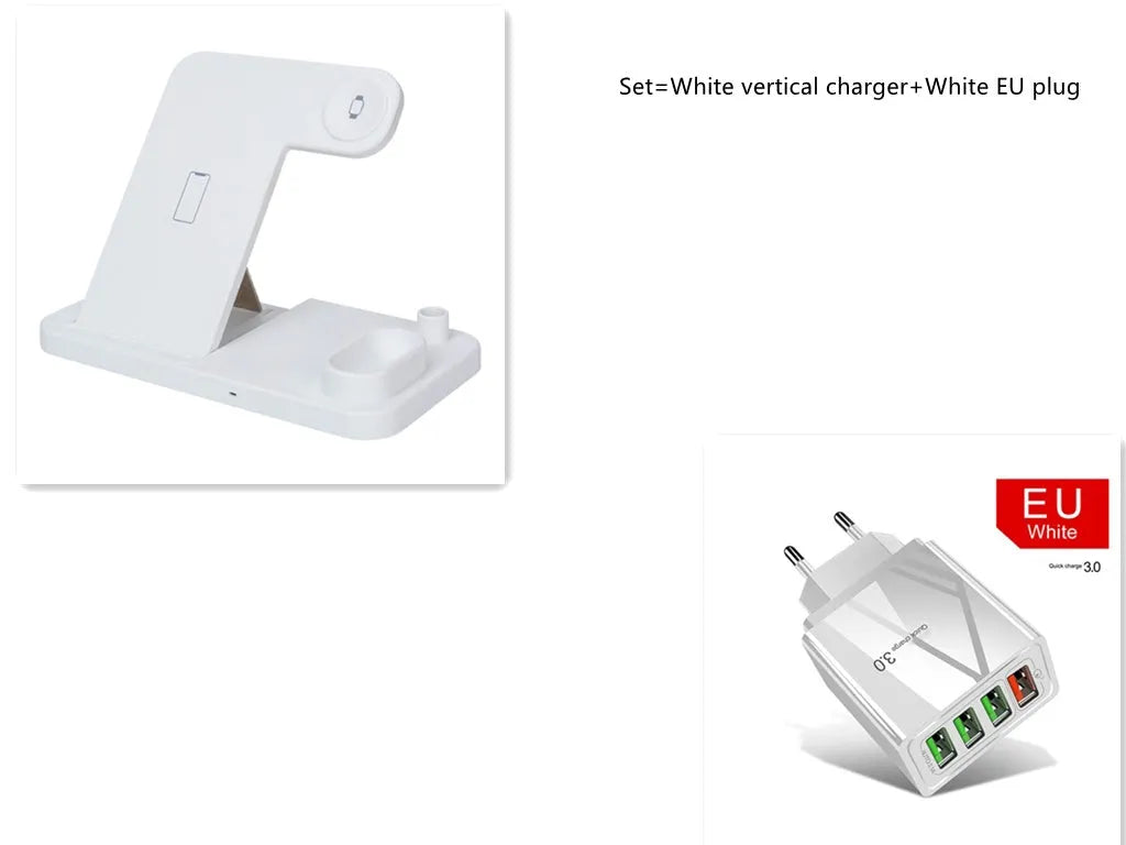 4-in-1 wireless charging station showing phone, Apple Watch, and AirPods charging on adjustable magnetic stand.