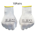 White PU coated labour gloves showing palm with textured coating, laid flat to show 24cm length.