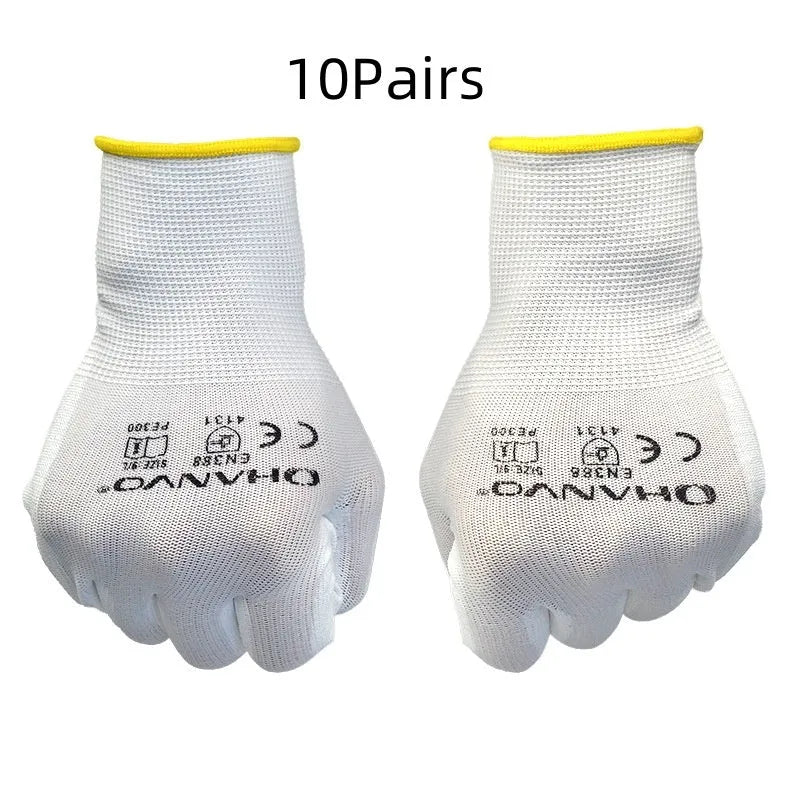 White PU coated labour gloves showing palm with textured coating, laid flat to show 24cm length.