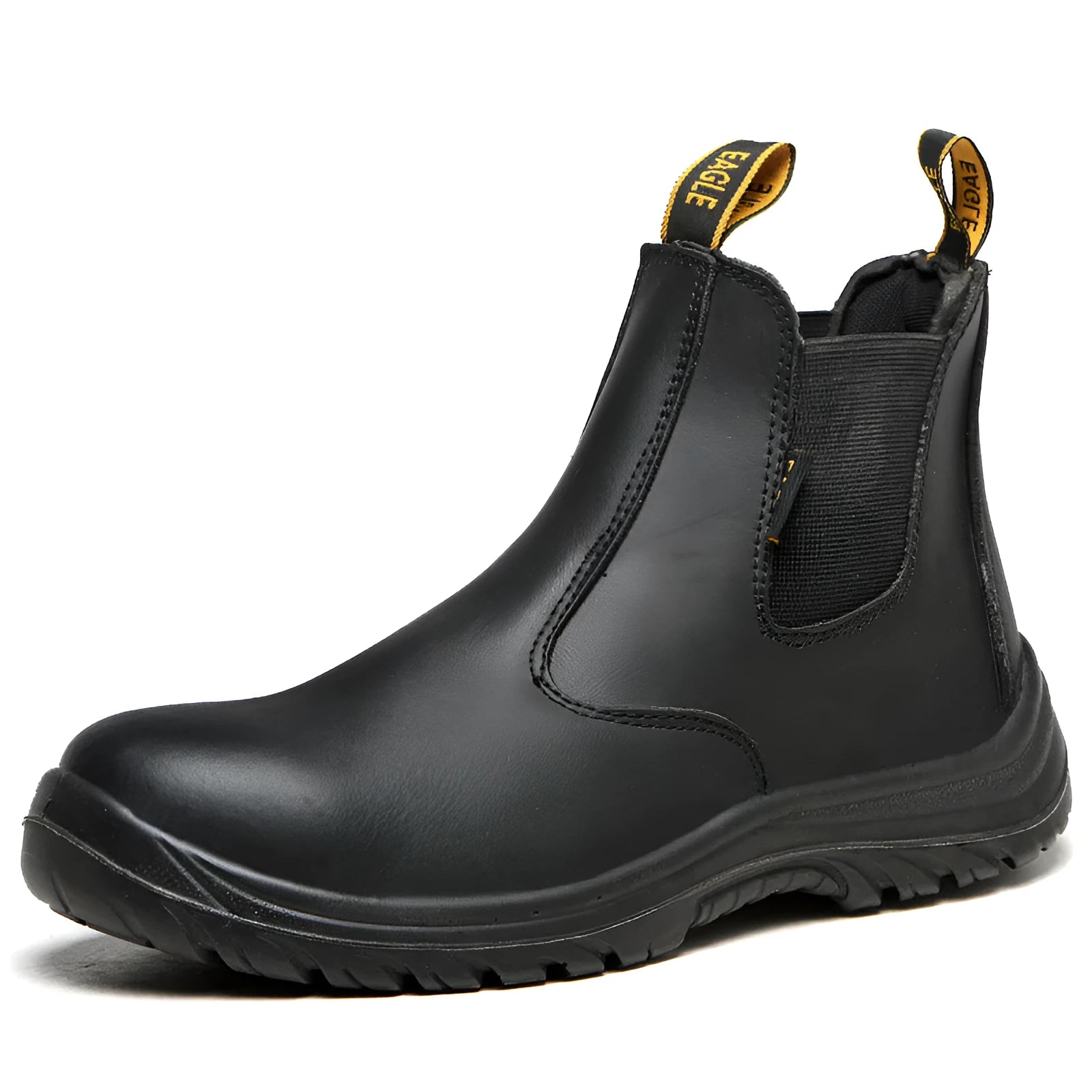 Black leather safety boots with high-top design and anti-piercing sole protection