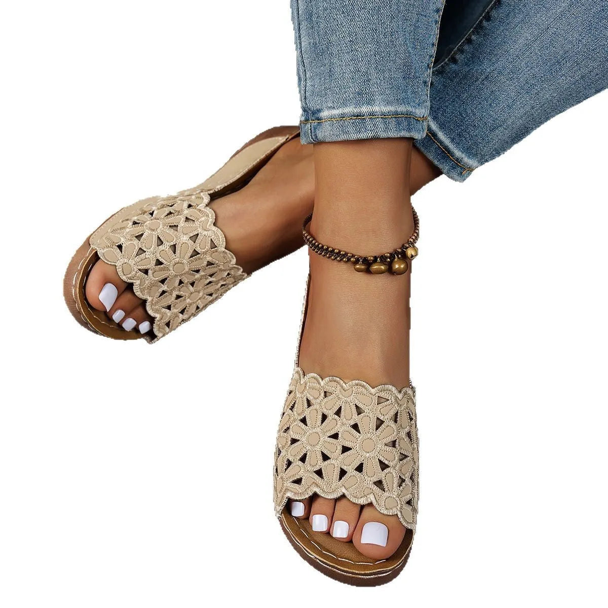 Women's wedge beach slippers with flower cutout detail and fish mouth toe shape in light brown